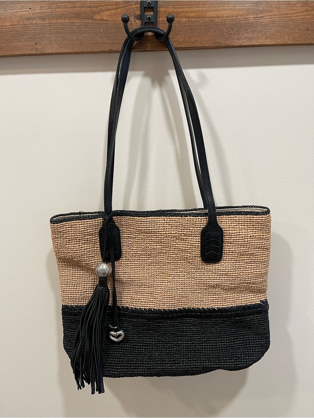 Brighton Women’s Two-Tone Straw Tote Bag with Tassel - Black & Natural